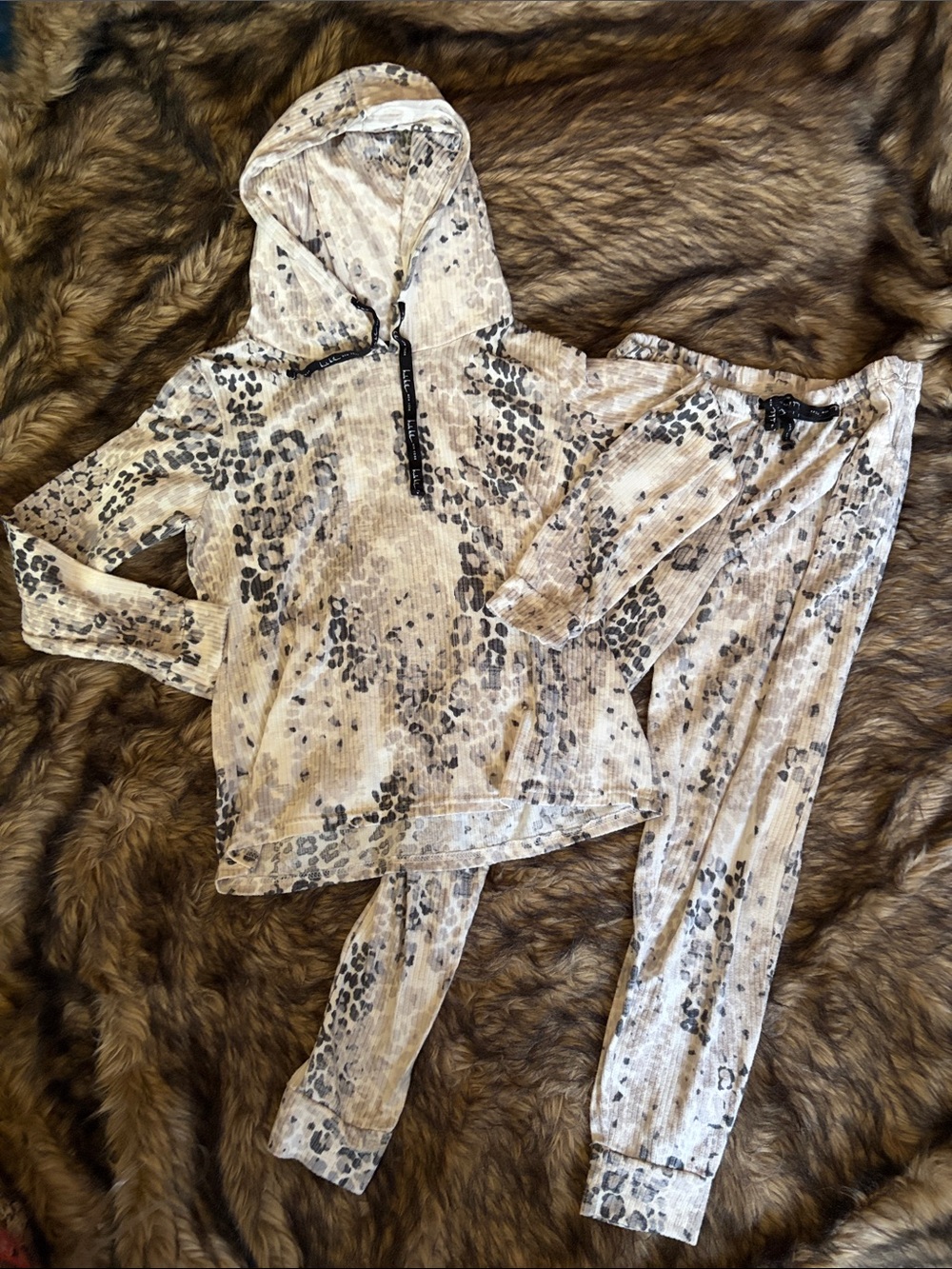 Nicole Miller Leopard-Print Hooded Ribbed Lounge Wear Set - Neutral Taupe Size S